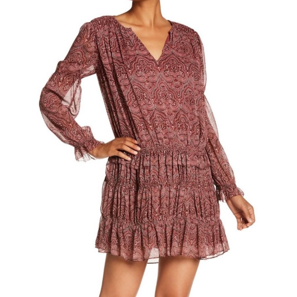 Joie Snow Paisley Split Neck Boho Silk Dress